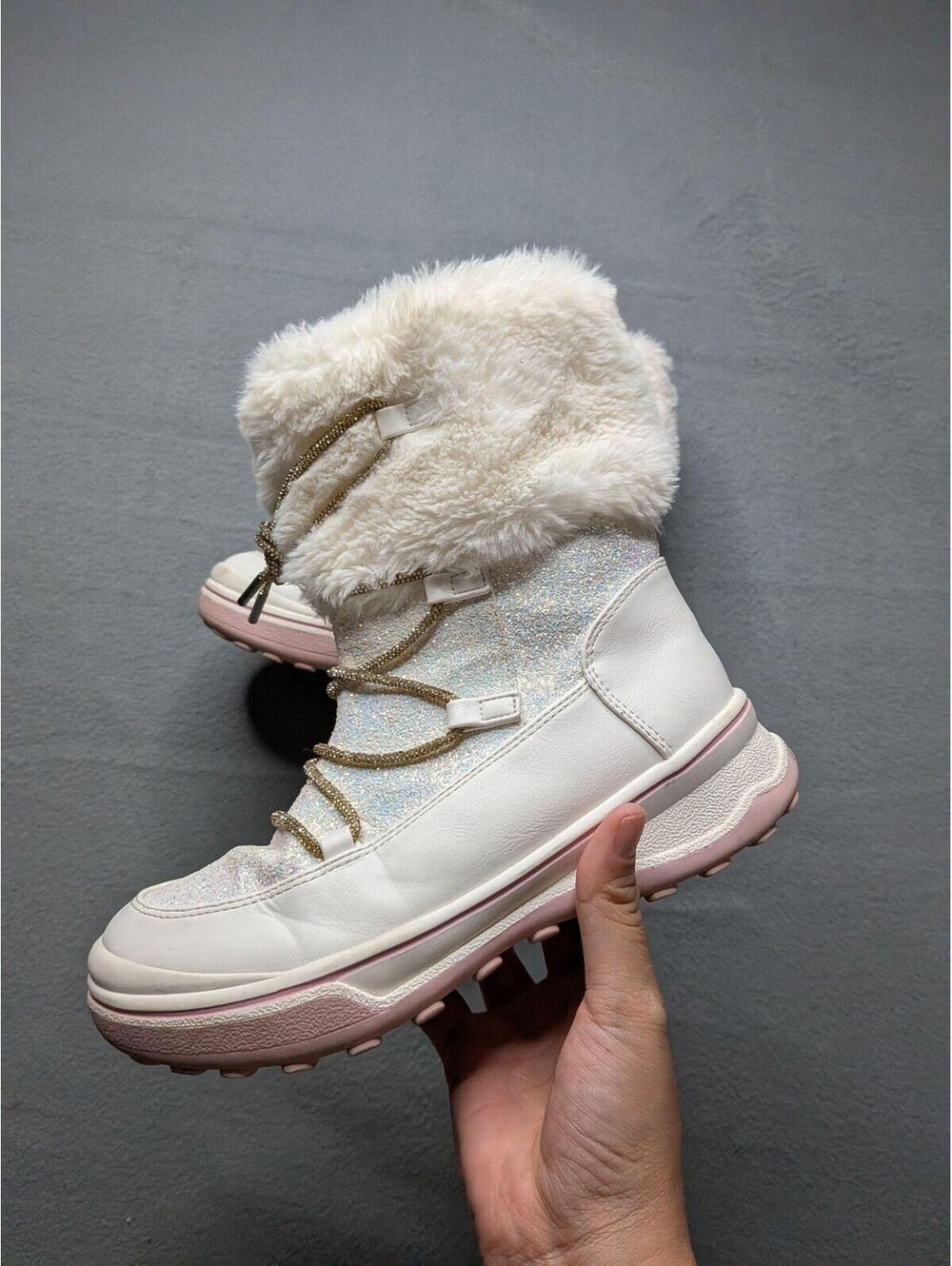 Kelly & Katie Boots Girls Size 4 White Glitter Faux Fur Snow Winter Zip Warm